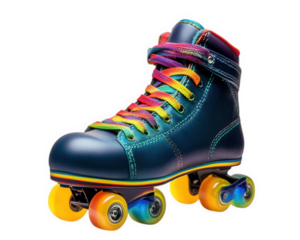 colorful roller skate with rainbow laces, featuring shiny blue exterior and vibrant wheels, perfect for fun and stylish skating
