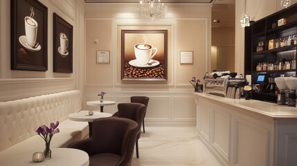 Fototapeta premium Elegant Coffee Shop Interior: A charming and sophisticated coffee shop interior featuring a classic white and beige color palette, with comfortable seating and stylish accents.