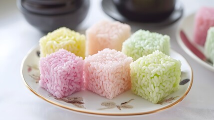 Colorful Rice Cubes: Sweet Treats, Delightful Dessert, Vibrant Colors, Culinary Delights, Appetising Food, Delicious Snack, Pastel Hues, Festive Food, Sweet Rice, Culinary Art