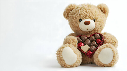 Obraz premium A fluffy teddy bear holding a heart-shaped box of chocolates, sitting on a clean white surface