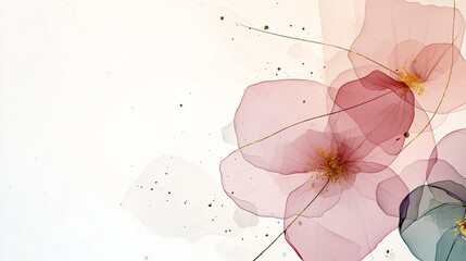 Pink flowers, gold accents, abstract art, white background, wedding invitation design