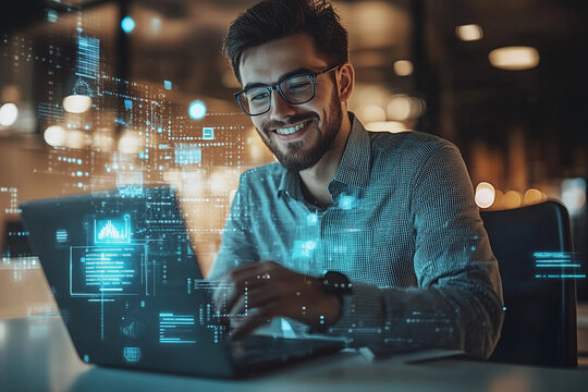 Profile of a young man with eye glasses, focused on digital code lines on a monitor screen. Software Developer Working on Innovative e-Commerce App using AI, Big Data
