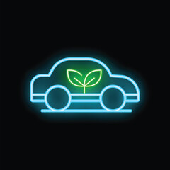 Glowing neon line electric car icon isolated on a black background concept of green energy and transportation vector illustration