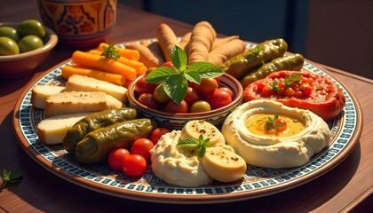 A luxurious Mediterranean meze platter with creamy hummus and assorted dips and breads