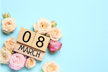 8 March greeting card design with flowers, top view. Happy International Women's Day