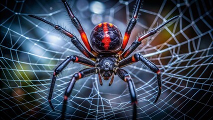 Obraz premium Black Spider with Red Markings in Night Web Photography