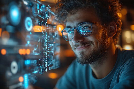 Profile of a young man with eye glasses, focused on digital code lines on a monitor screen. Software Developer Working on Innovative e-Commerce App using AI, Big Data