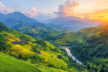 Obraz premium Majestic Sunset Over Terraced Rice Fields in Lush Mountain Valley