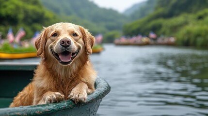 Happy Golden Retriever in Boat, River, Flags, Landscape, Tourism