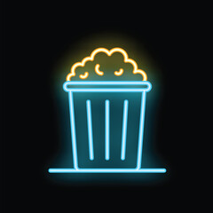 Glowing neon line popcorn in trash can icon isolated on black background