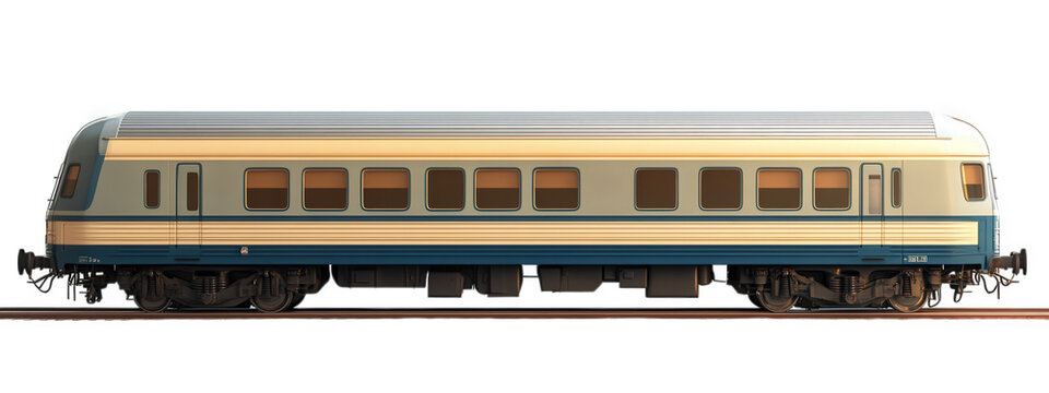 passenger train car with blue and cream exterior, isolated on transparency background, showcasing its sleek design and windows. Ideal for transportation themes