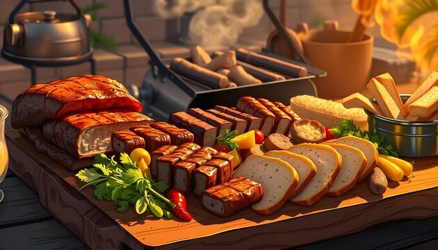 A family style parrillada served on a large wooden board with grilled meats and vegetables