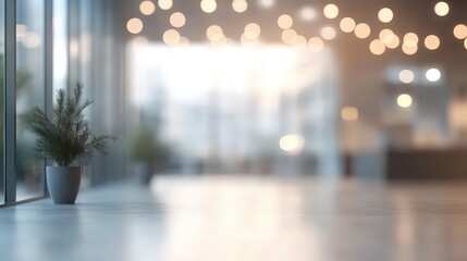 Fototapeta premium Blurred Background of Modern Office Space with Soft Lighting and Plants on the Floor Creating a Calm and Inviting Atmosphere for Work