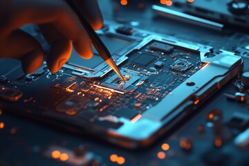 Detailed smartphone repair process  precision tweezers adjusting components on a dark blue mat