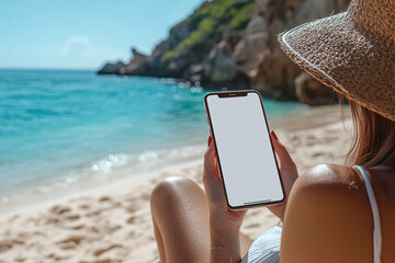 Mockup image of a woman holding and using mobile phone with isolated blank desktop screen white sitting on the beach	