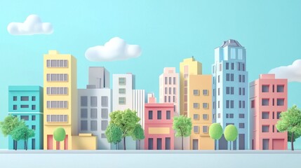 Fototapeta premium Colorful Urban Landscape with Trees and Clouds in Minimalist Style