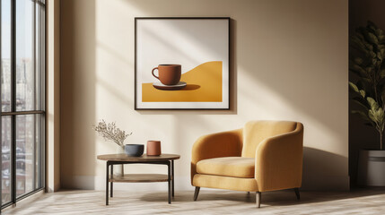 Fototapeta premium Minimalist Interior with Framed Artwork: A contemporary living space featuring a plush velvet armchair, a wooden side table, and a framed artwork depicting a simple cup of coffee.