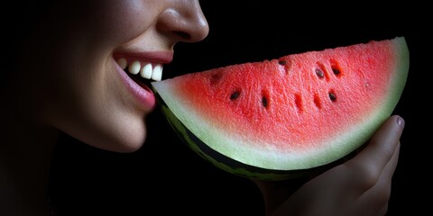 Woman eating juicy watermelon slice, dark background, summer refreshment