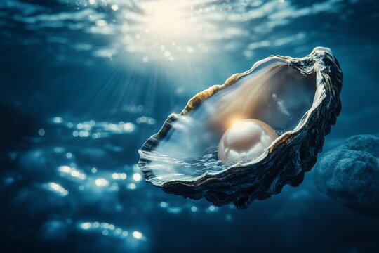 Mystical glowing pearl inside oyster shell in deep blue underwater scene with sunlight and marine reflections - Powered by Adobe