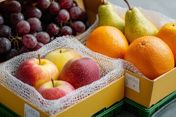 Elegant japanese fruit gift box displaying fresh oranges, pears, apples, and grapes in a market