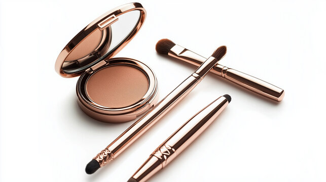 A set of bronzer makeup tools arranged on a clean white background, highlighting warm tones and soft brushes.