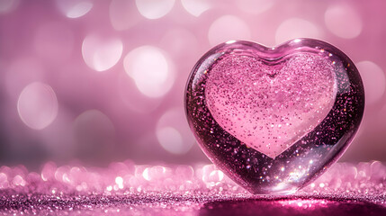 Obraz premium A glittering Valentines heart-shaped snow globe with a soft glowing background