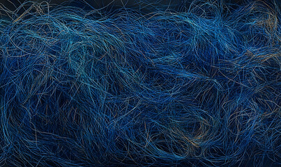 Fototapeta premium Abstract blue fiber art, tangled threads background texture. Perfect for design projects needing a unique, moody backdrop.