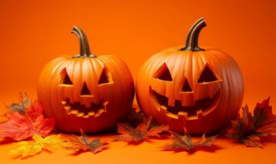 Vibrant Halloween Jack O Lanterns with Autumn Leaves on Orange Background, Spooky Festive Theme for Seasonal Decorations, 