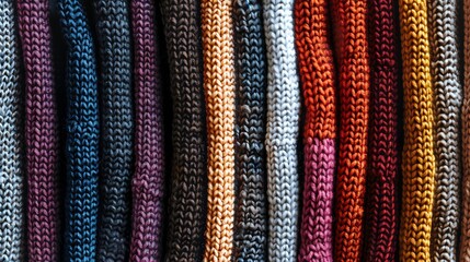 Obraz premium A collection of colorful knit fabrics displayed in a row.