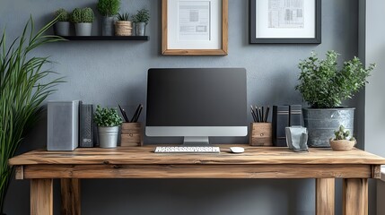 Desk with blank frames, minimalist plant decor, seamless neutral background, open design layout, 3d illustration