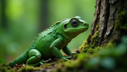 Fototapeta premium Green camouflaged creature blends into foliage, camouflage, tree bark, forest life
