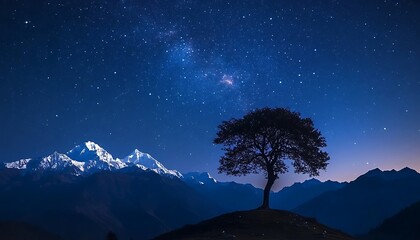 Stunning starry night sky over Himalayan peaks with solitary tree silhouette creating a breathtaking natural landscape scene ,    © Delilah zoe