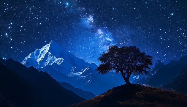 Stunning starry night sky over Himalayan peaks with solitary tree silhouette creating a breathtaking natural landscape scene ,


