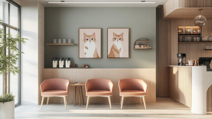 Cozy Cat Cafe Interior:  A modern and inviting cat cafe interior,  featuring a wall adorned with two minimalist art prints of adorable cats.
