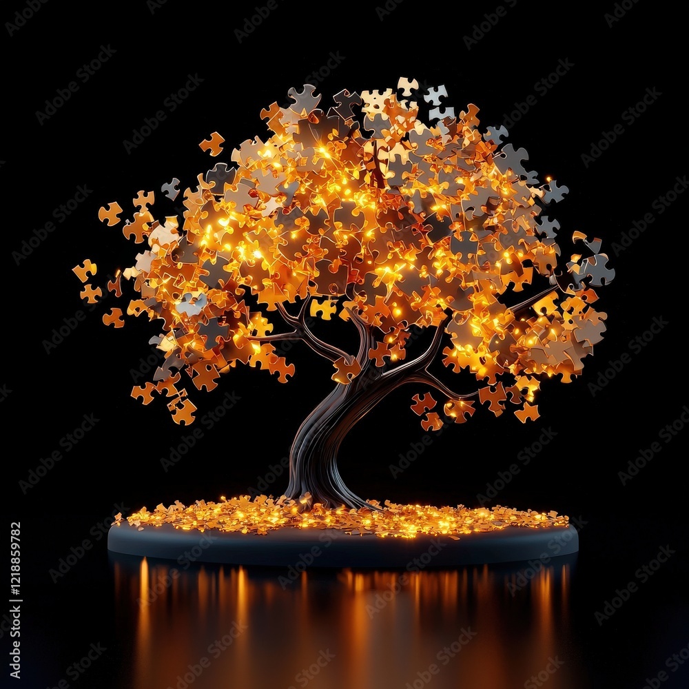 Poster tree with glowing puzzle patterns integrated into its structure