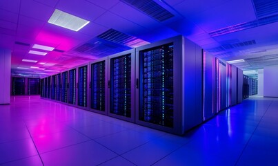 Futuristic data center with rows of glowing server racks & digital displays, concept of workflow automation, seamless integration of advanced technologies, and efficient management of business process