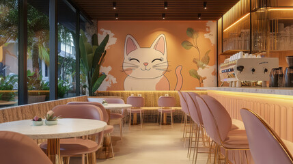 Cat Cafe Interior Design: A charming and inviting cat-themed cafe interior, featuring pastel pink seating, white tables, and a large mural of a cheerful cat, creating a cozy and playful atmosphere.  