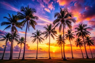 Serene sunrise silhouettes: minimalist palm trees frame a tropical beach sunset.