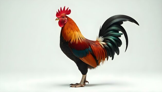 A colorful rooster with a red comb, brown and black feathers, and a long tail on white