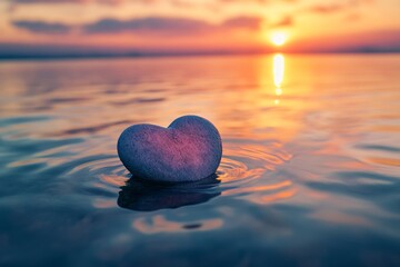 Fototapeta premium Heart shaped stone on water at sunrise, capturing the essence of love and romance in photography