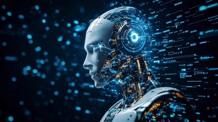 Futuristic Robot Head with Digital Effects and Blue Light Elements