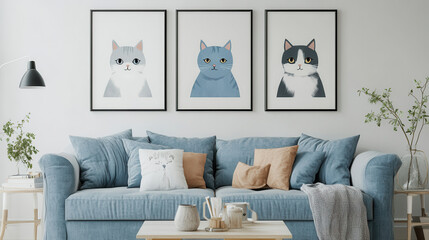Cozy Cat Trio Prints: Three charming cat portraits in soft blue, grey, and black and white hues adorn a living room wall, adding a touch of whimsical elegance above a comfortable blue sofa.