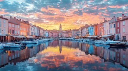 Obraz premium Colorful harbor sunset, boats, reflection, travel poster