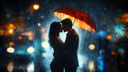 A couple sharing a passionate kiss in the rain, surrounded by a romantic atmosphere that radiates love and connection.