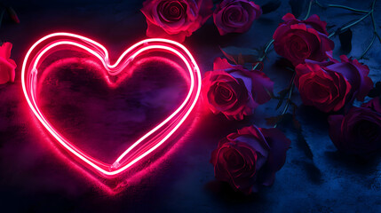 A glowing pink neon heart surrounded by roses on a dark background