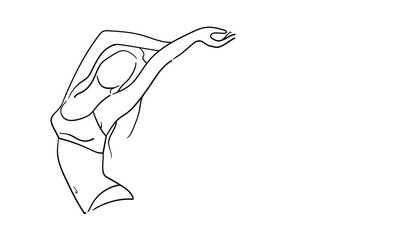 Happy woman continuous line art drawing isolated on white background. Yoga, fitness, healthy line art. Vector illustration	