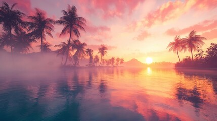 A vivid sunrise over a tropical lagoon, with fiery orange and pink skies reflected in the crystal-clear water, tall palm trees swaying gently, and soft mist curling above the surface