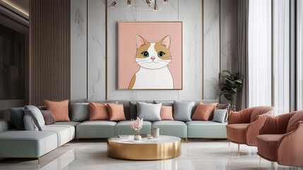 Calico Cat Wall Art in Modern Living Room: A charming illustration of a calico cat, featuring orange and white fur, hangs in a stylish living room setting, adding a touch of warmth and personality.