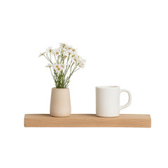 A minimalist wooden shelf with a flower vase and a coffee mug for a cozy atmosphere.