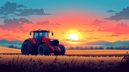 Fototapeta premium A vibrant sunset over a vast golden field with a red tractor silhouetted against the horizon